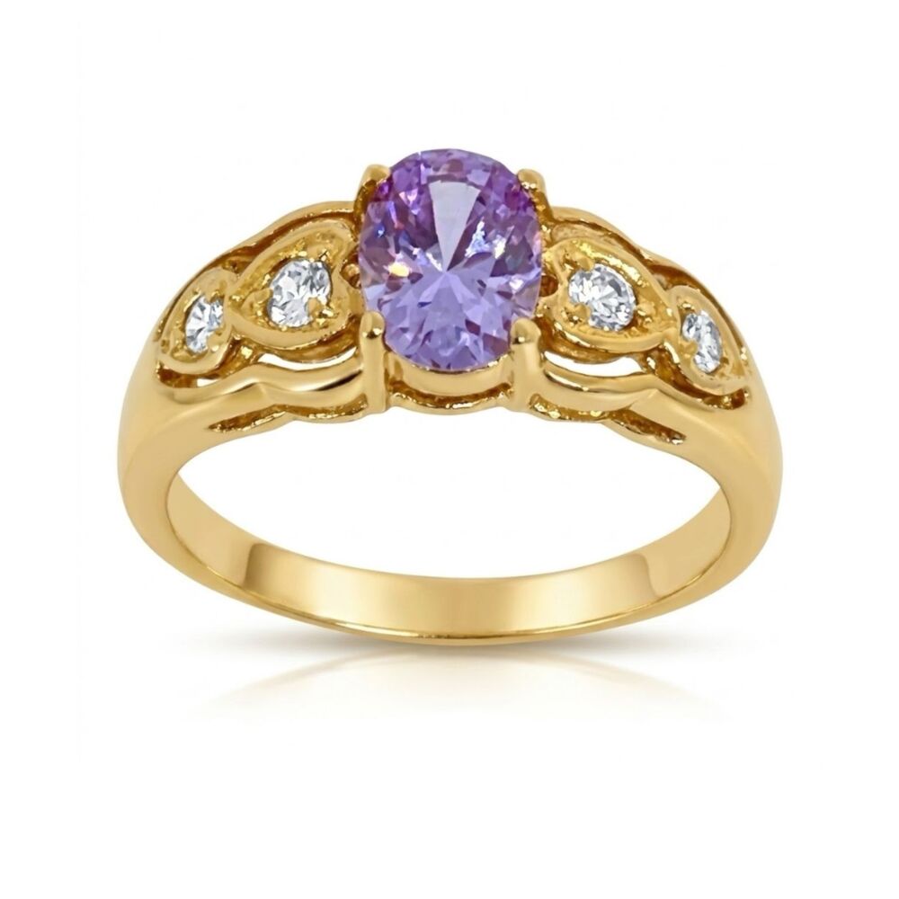 Vintage 1980s Ring Size 8 Lavender CZ Prong Set Gold Plated Band - 14J